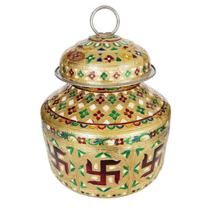 Swastik Designed, Meenakari Decorated, Stainless Steel Pot Set - 2 Pots With Top Lid G.M. -